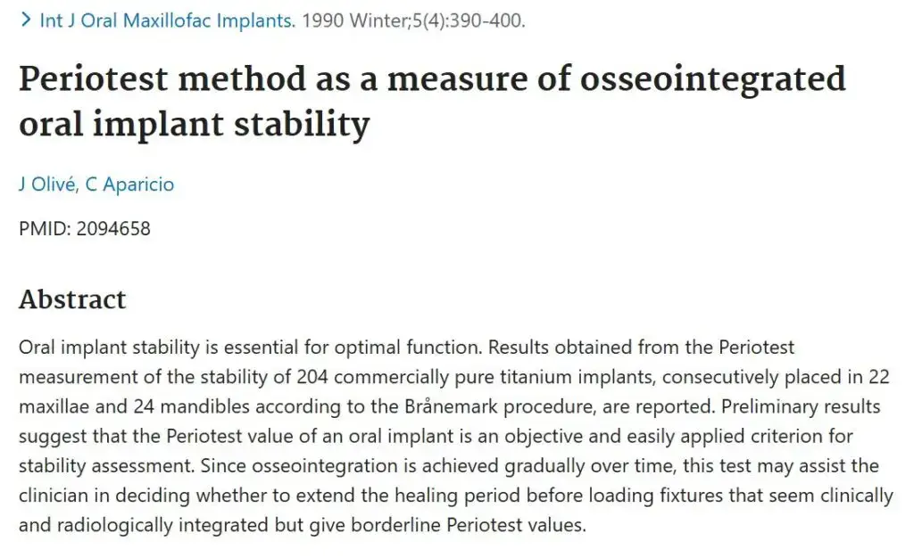 Periotest Method As A Measure Of Osseointegrated Oral Implant Stability